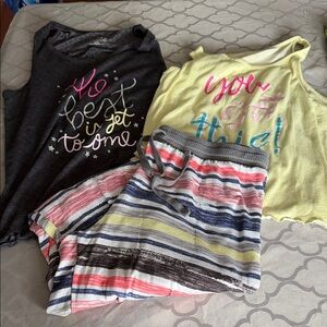 Womans Graphic Tank Tops & Striped pajama Set - Yellow, Charcoal, Multicolor